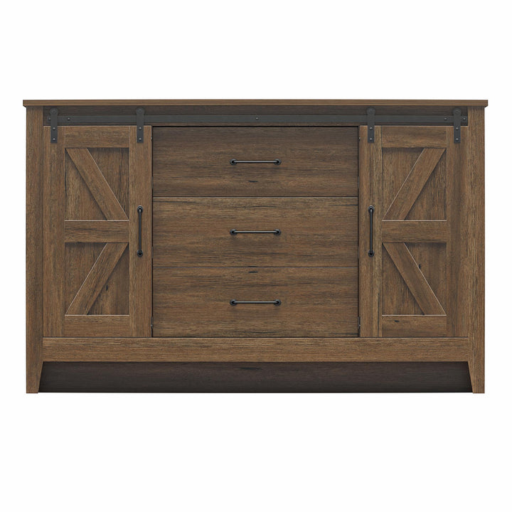 Alton 3 Drawer Dresser with 2 Sliding Barn Doors and 6 Shelves - Rustic Walnut - 3 Drawer
