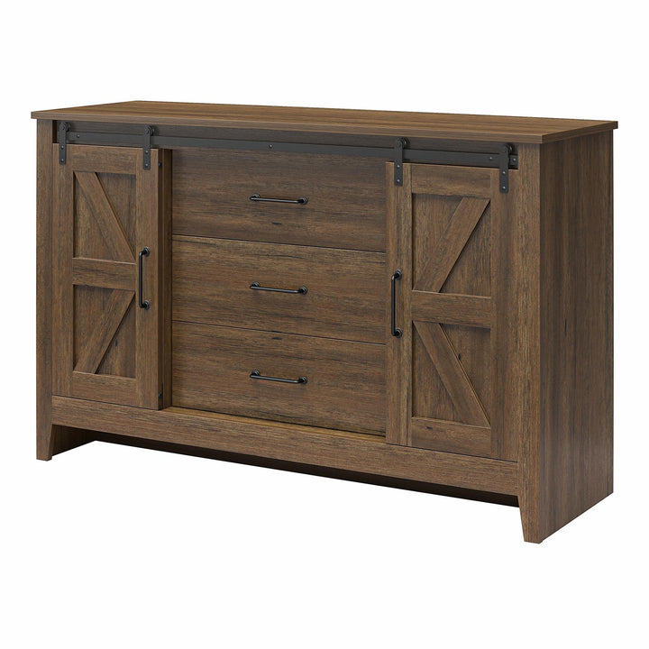 Alton 3 Drawer Dresser with 2 Sliding Barn Doors and 6 Shelves - Rustic Walnut - 3 Drawer