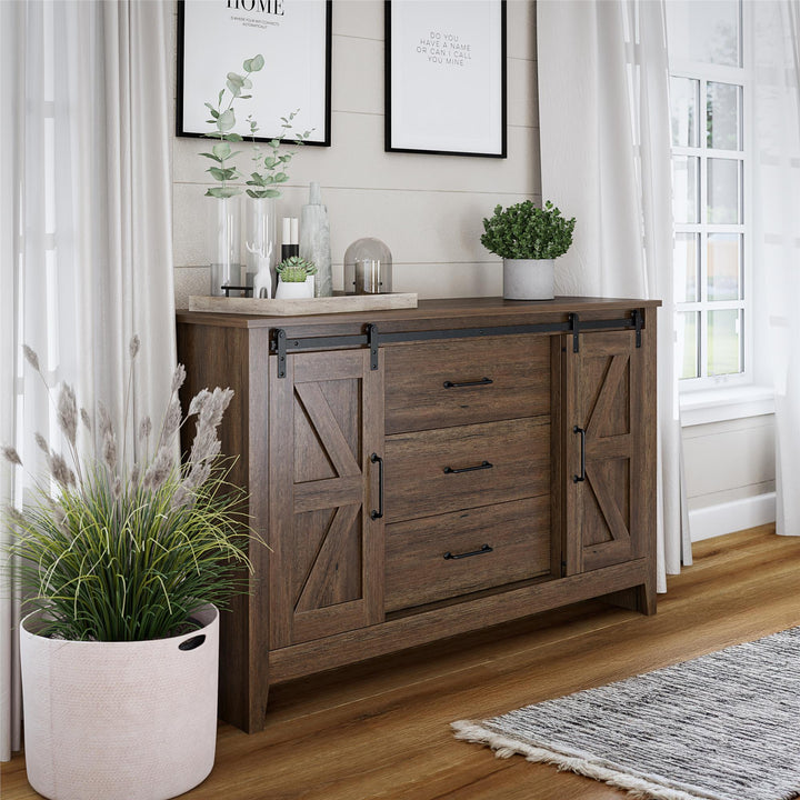 Alton 3 Drawer Dresser with 2 Sliding Barn Doors and 6 Shelves - Rustic Walnut - 3 Drawer