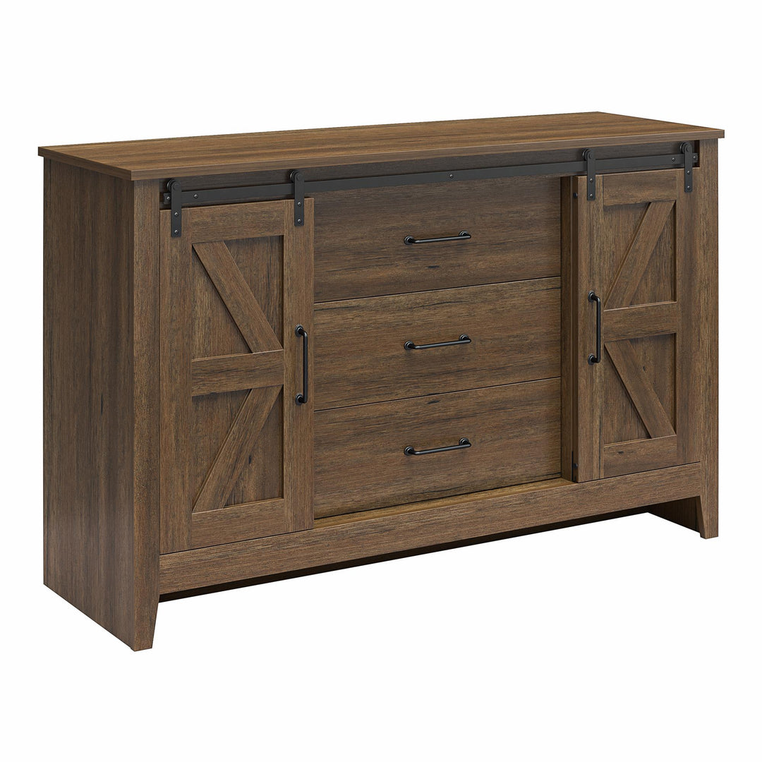Alton 3 Drawer Dresser with 2 Sliding Barn Doors and 6 Shelves - Rustic Walnut - 3 Drawer