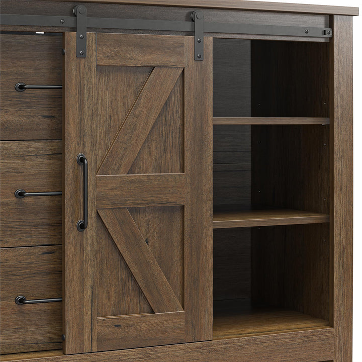 Alton 3 Drawer Dresser with 2 Sliding Barn Doors and 6 Shelves - Rustic Walnut - 3 Drawer