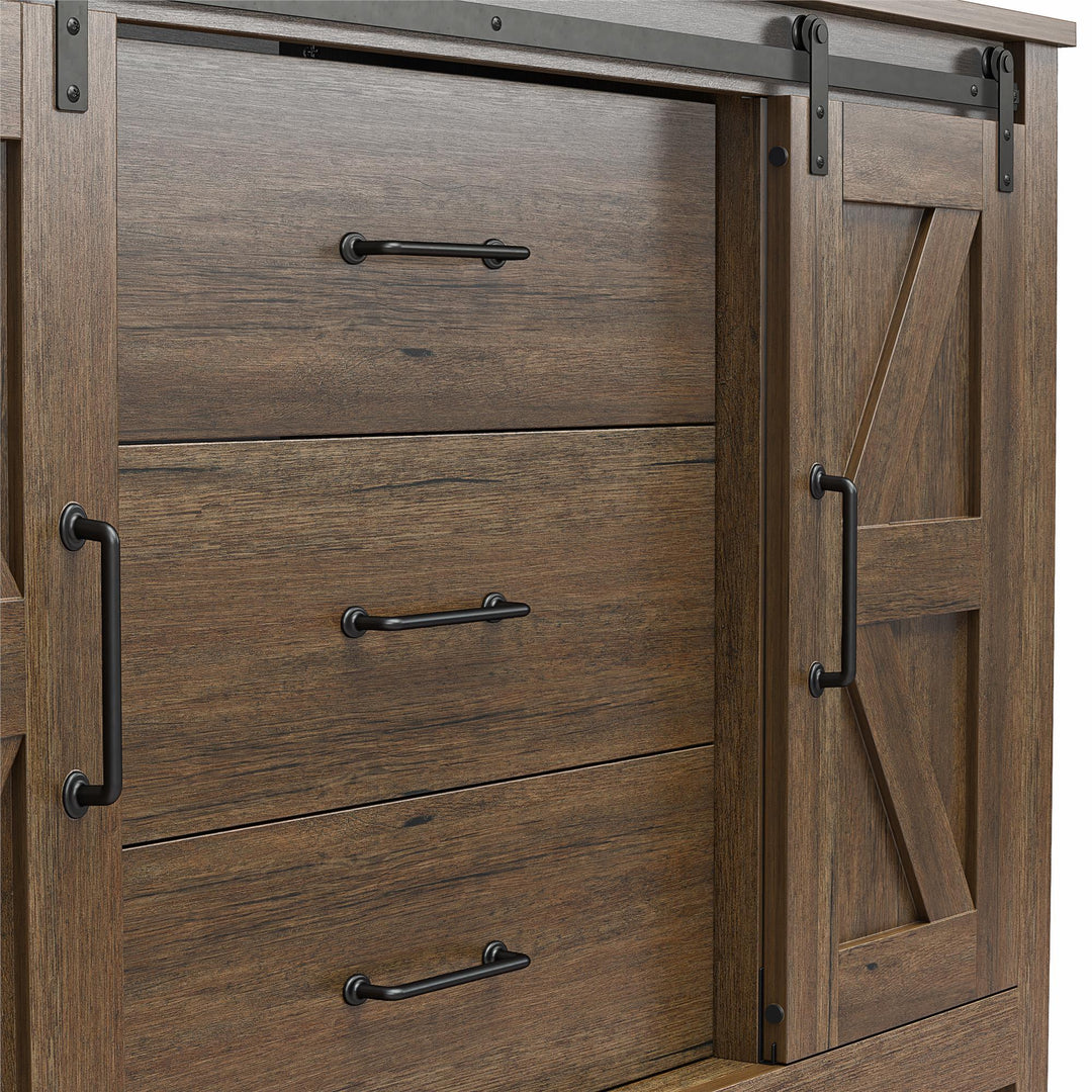 Alton 3 Drawer Dresser with 2 Sliding Barn Doors and 6 Shelves - Rustic Walnut - 3 Drawer