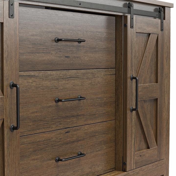 Alton 3 Drawer Dresser with 2 Sliding Barn Doors and 6 Shelves - Rustic Walnut - 3 Drawer