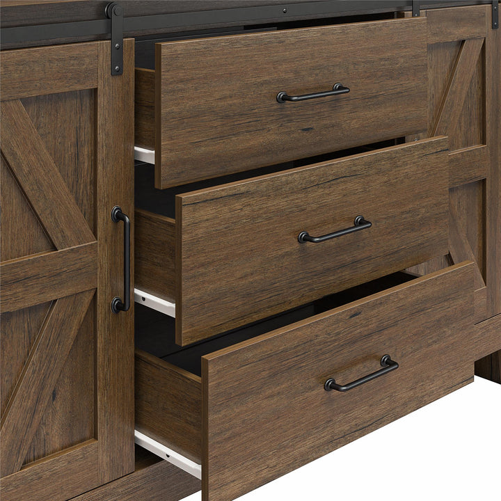 Alton 3 Drawer Dresser with 2 Sliding Barn Doors and 6 Shelves - Rustic Walnut - 3 Drawer