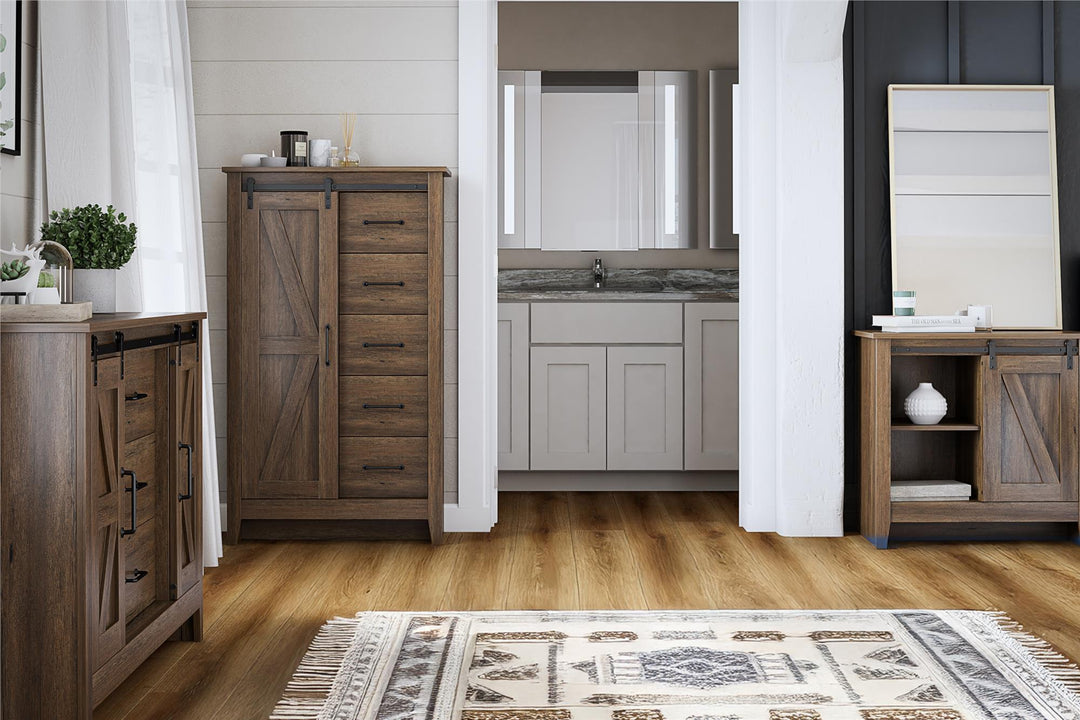 Alton 3 Drawer Dresser with 2 Sliding Barn Doors and 6 Shelves - Rustic Walnut - 3 Drawer