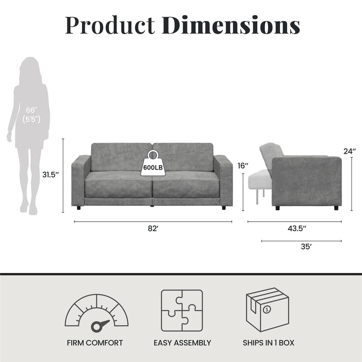 Allie Corduroy Futon Sofa Bed - Gray Corduroy - 3-Seater