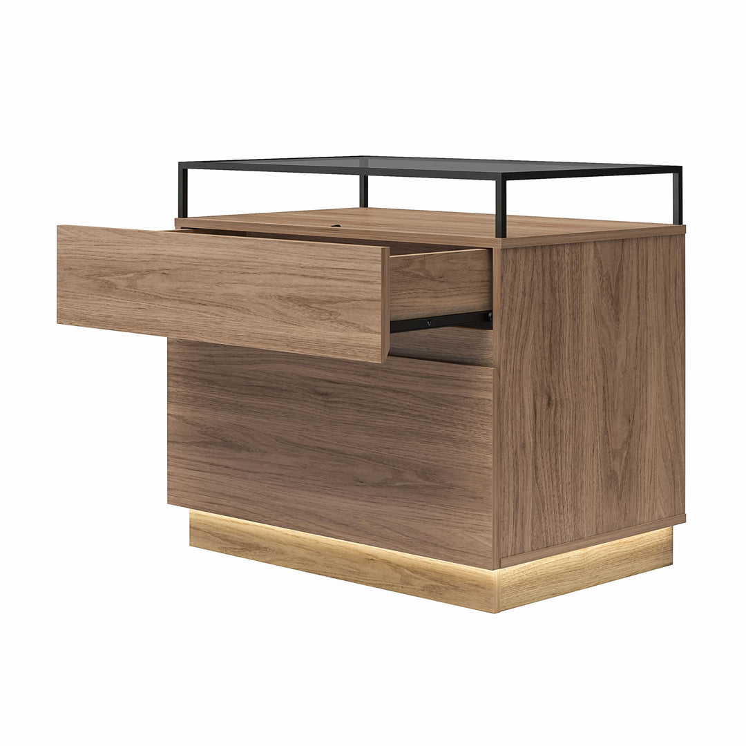 Devon Nightstand with Drawers, LED Lights and Glass Top - Danish Walnut