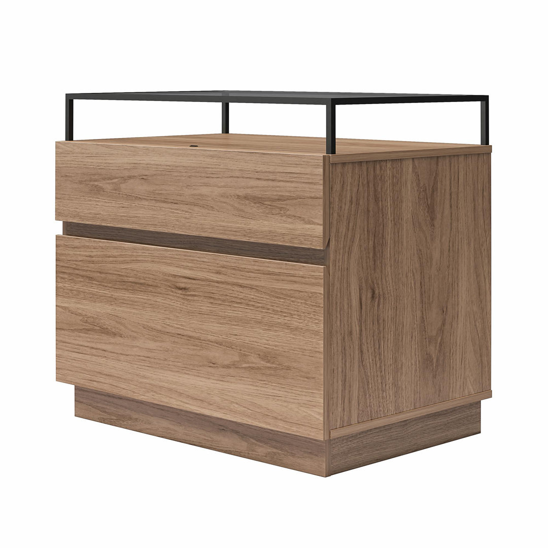 Devon Nightstand with Drawers, LED Lights and Glass Top - Danish Walnut