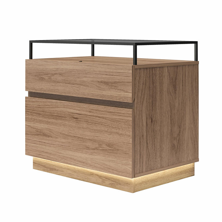 Devon Nightstand with Drawers, LED Lights and Glass Top - Danish Walnut