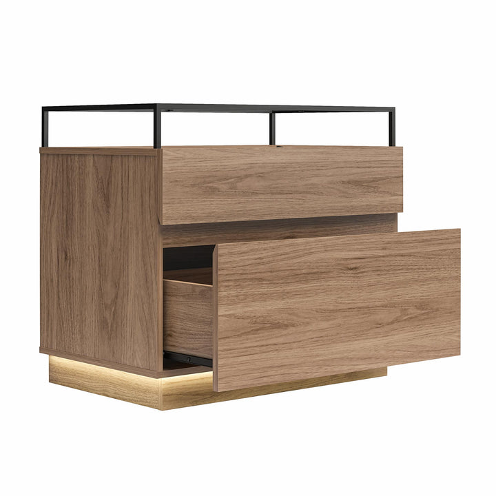 Devon Nightstand with Drawers, LED Lights and Glass Top - Danish Walnut
