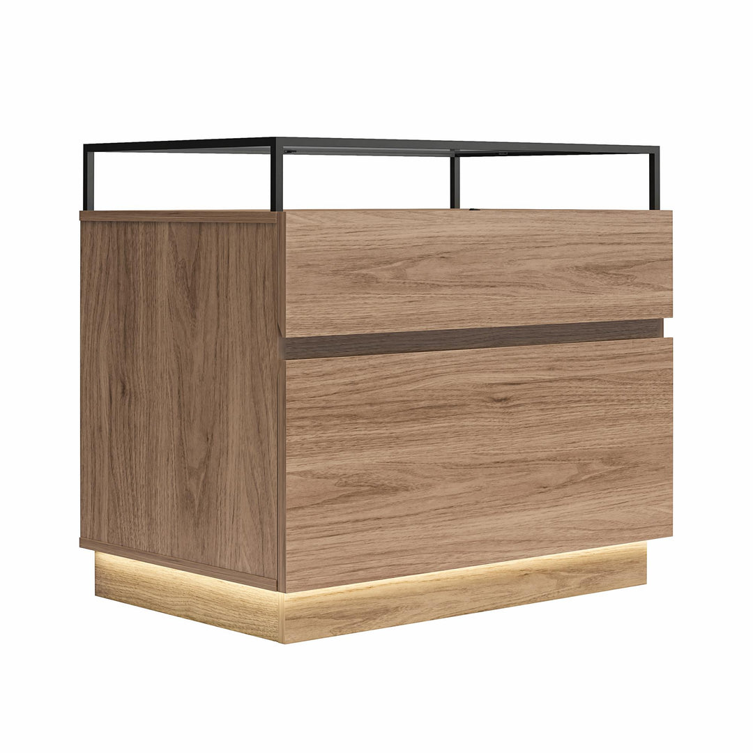 Devon Nightstand with Drawers, LED Lights and Glass Top - Danish Walnut