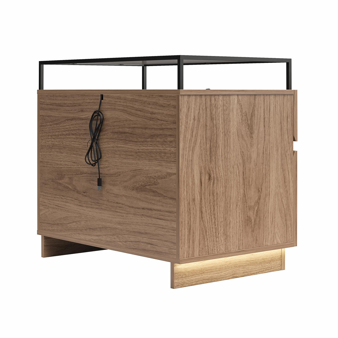 Devon Nightstand with Drawers, LED Lights and Glass Top - Danish Walnut