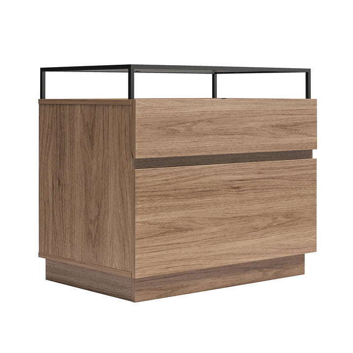 Devon Nightstand with Drawers, LED Lights and Glass Top - Danish Walnut