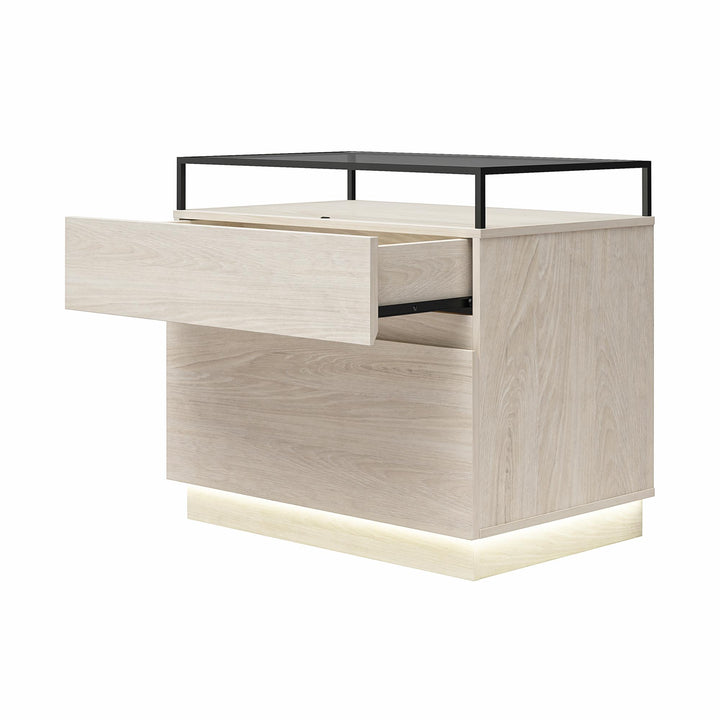 Devon Nightstand with Drawers, LED Lights and Glass Top - Eden Ash