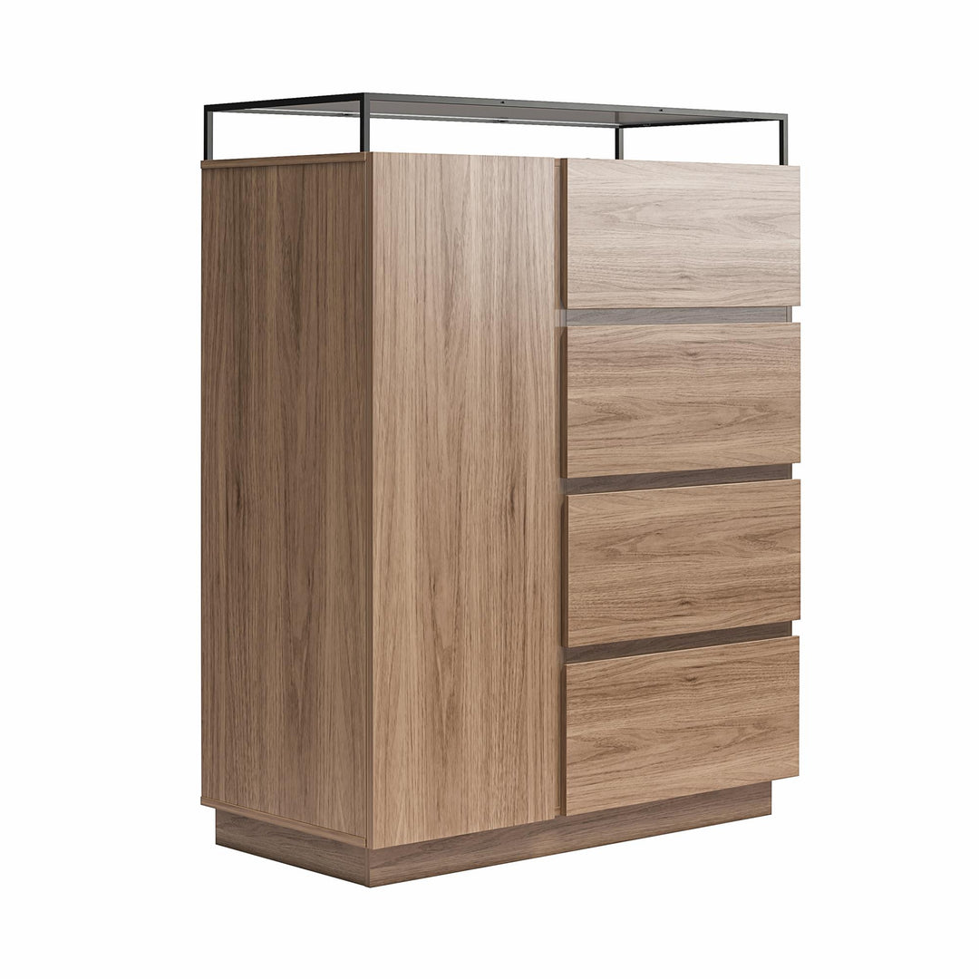 Devon 4-Drawer Dresser with Door, LED Lights and Glass Top - Danish Walnut