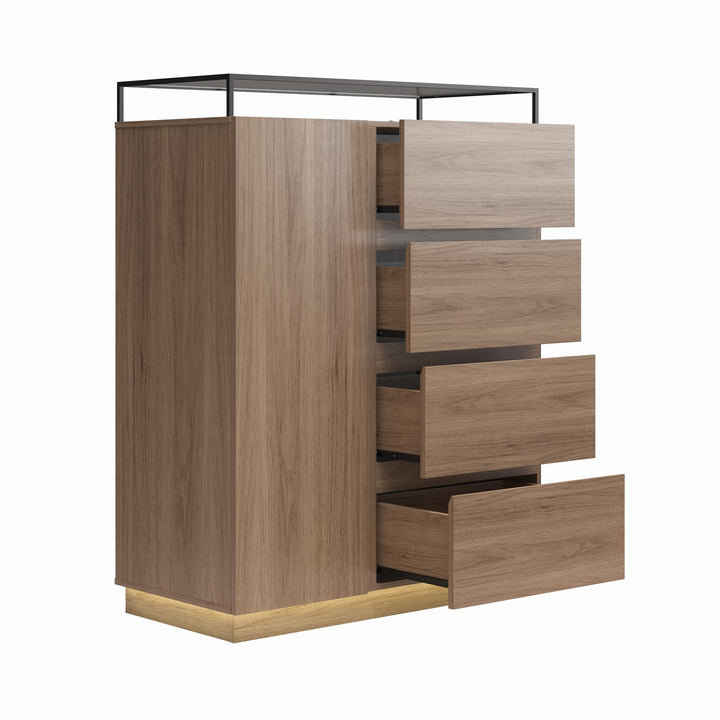 Devon 4-Drawer Dresser with Door, LED Lights and Glass Top - Danish Walnut