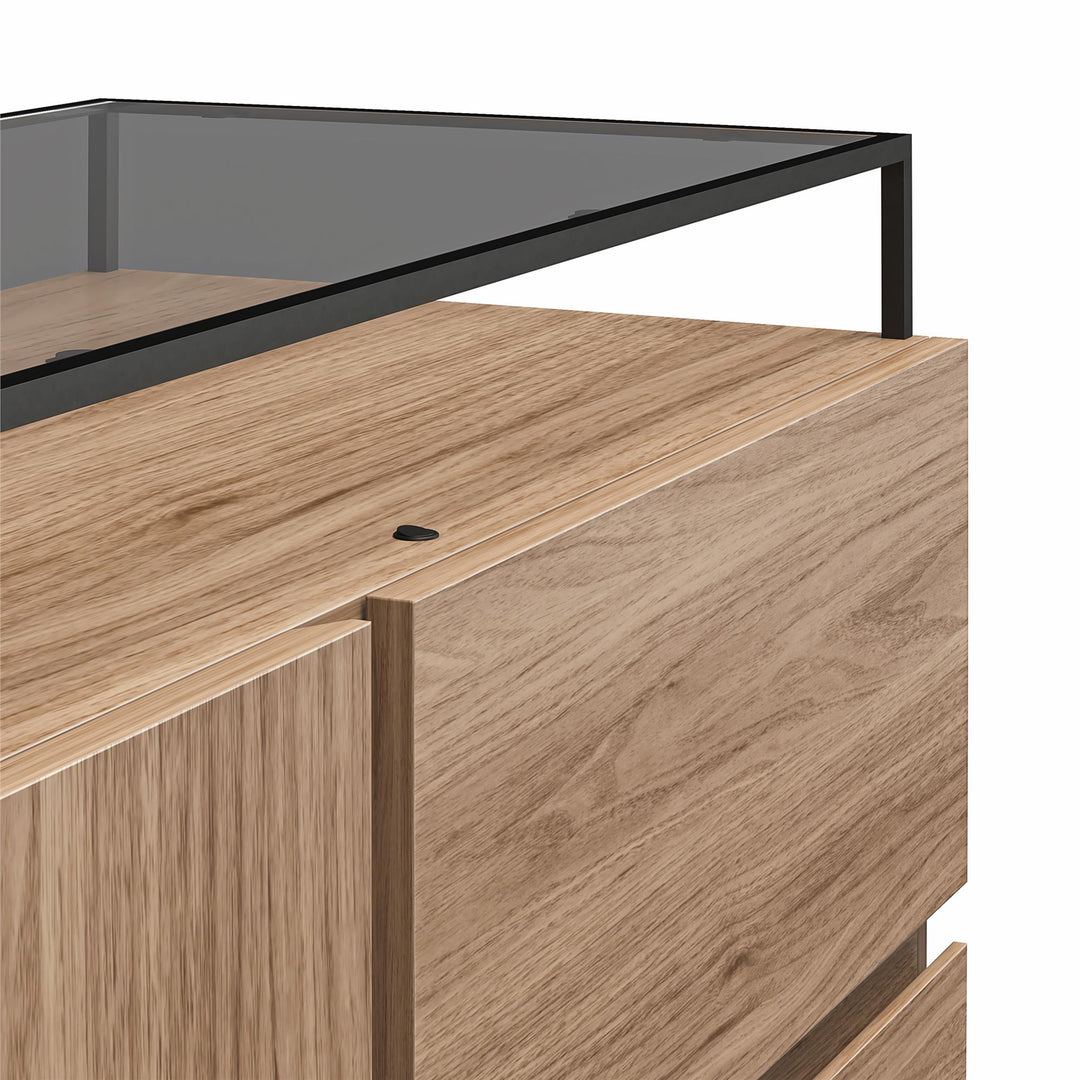 Devon 4-Drawer Dresser with Door, LED Lights and Glass Top - Danish Walnut