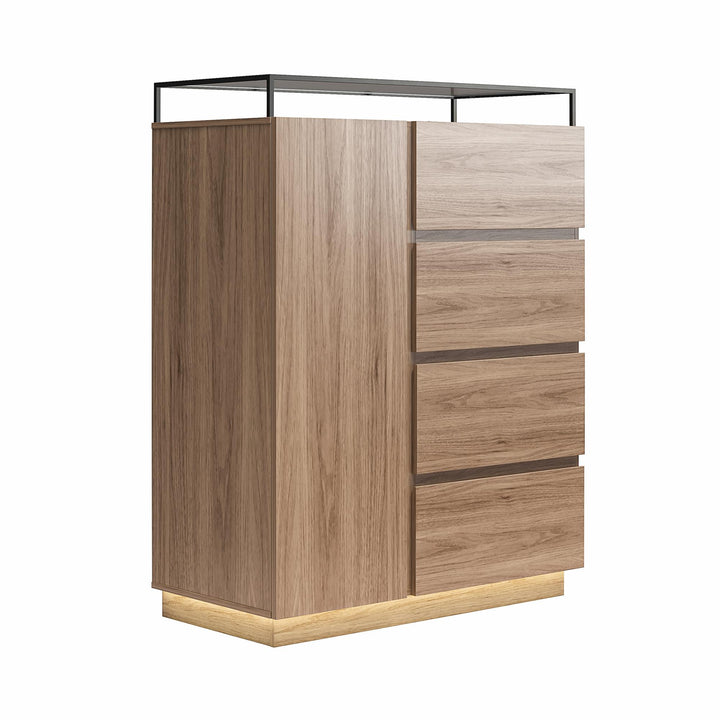 Devon 4-Drawer Dresser with Door, LED Lights and Glass Top - Danish Walnut