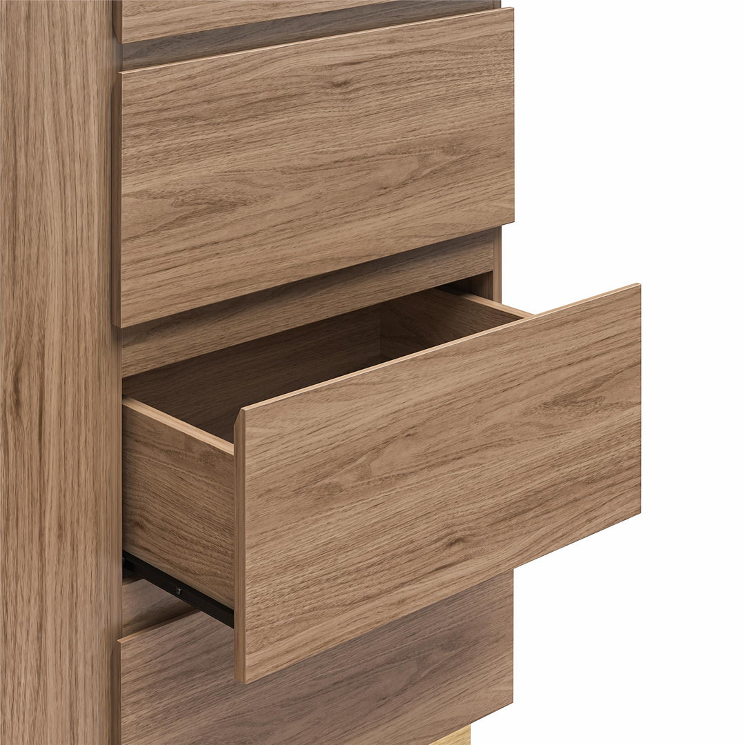 Devon 4-Drawer Dresser with Door, LED Lights and Glass Top - Danish Walnut
