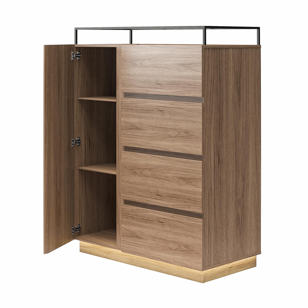 Devon 4-Drawer Dresser with Door, LED Lights and Glass Top - Danish Walnut