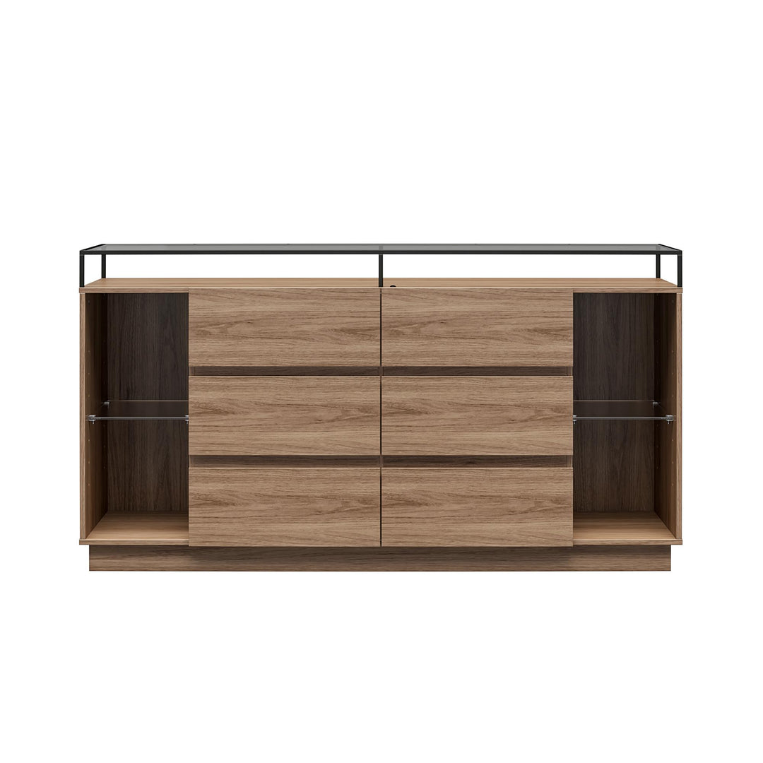 Devon 6-Drawer Dresser with LED Lights and Glass Top - Danish Walnut - 6 Drawer