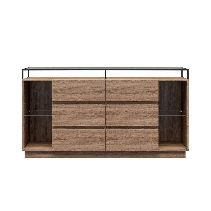 Devon 6-Drawer Dresser with LED Lights and Glass Top - Danish Walnut - 6 Drawer