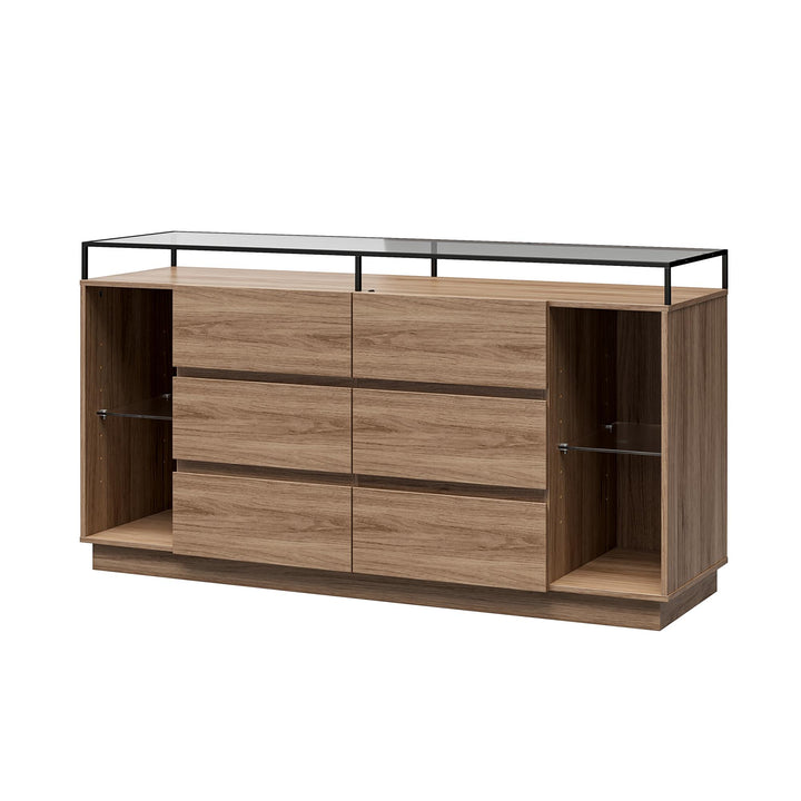 Devon 6-Drawer Dresser with LED Lights and Glass Top - Danish Walnut - 6 Drawer