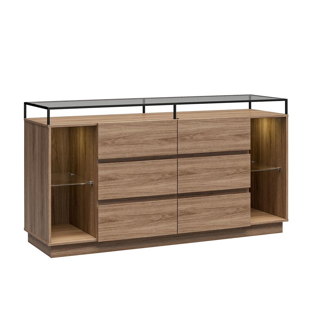 Devon 6-Drawer Dresser with LED Lights and Glass Top - Danish Walnut - 6 Drawer