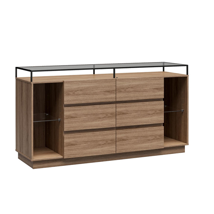 Devon 6-Drawer Dresser with LED Lights and Glass Top - Danish Walnut - 6 Drawer