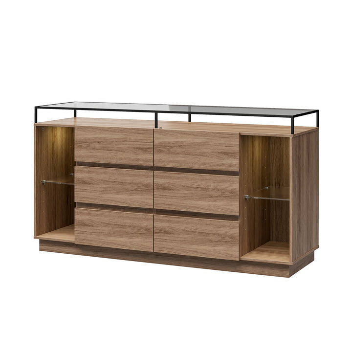 Devon 6-Drawer Dresser with LED Lights and Glass Top - Danish Walnut - 6 Drawer
