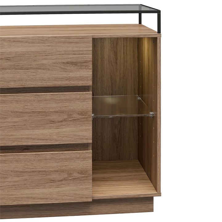 Devon 6-Drawer Dresser with LED Lights and Glass Top - Danish Walnut - 6 Drawer