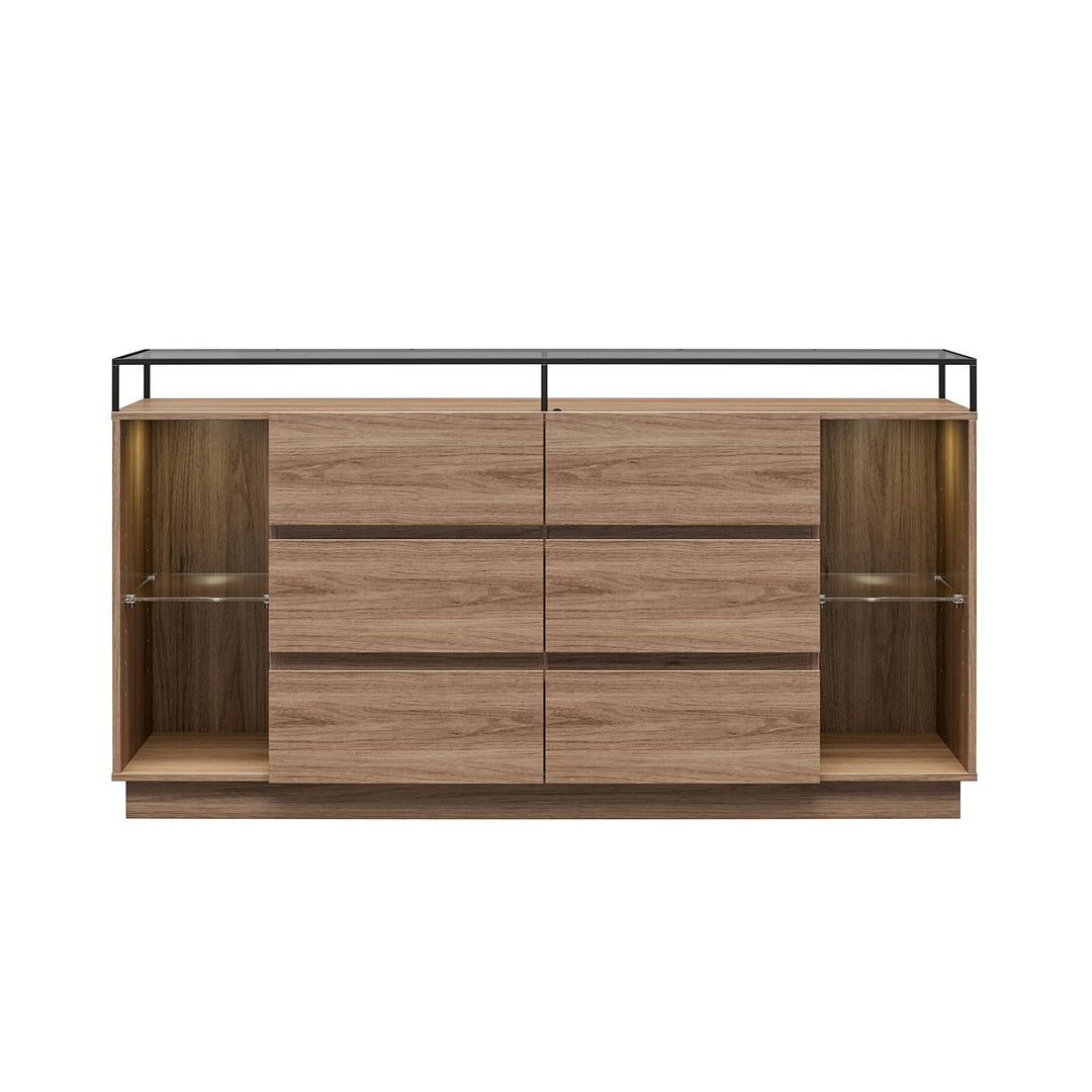 Devon 6-Drawer Dresser with LED Lights and Glass Top - Danish Walnut - 6 Drawer