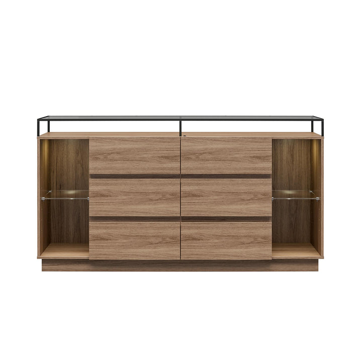 Devon 6-Drawer Dresser with LED Lights and Glass Top - Danish Walnut - 6 Drawer