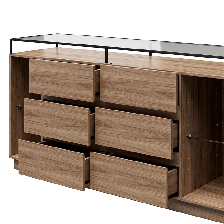 Devon 6-Drawer Dresser with LED Lights and Glass Top - Danish Walnut - 6 Drawer