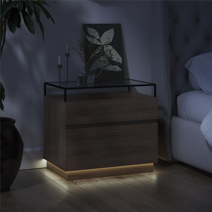 Devon Nightstand with Drawers, LED Lights and Glass Top - Danish Walnut