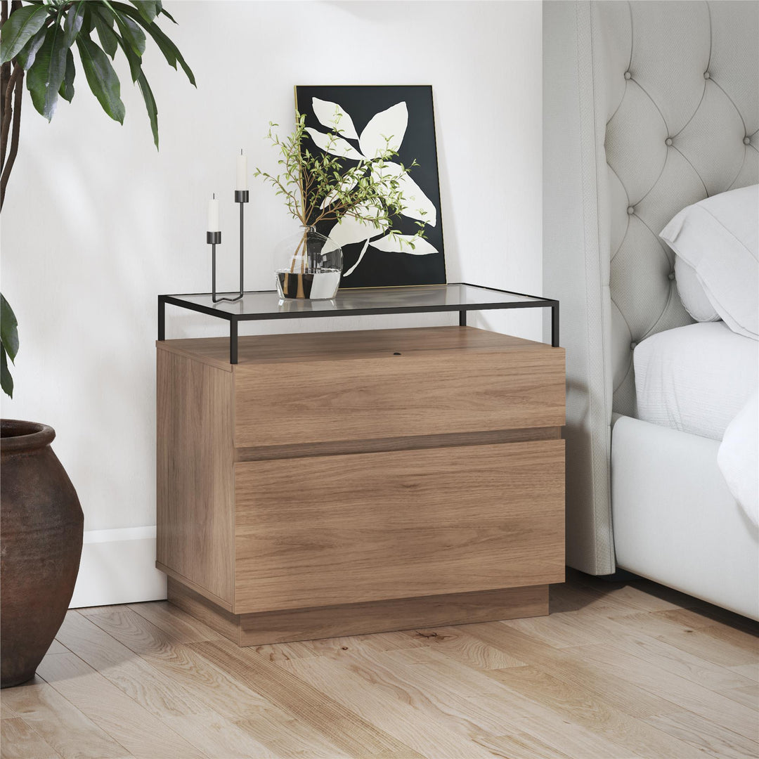 Devon Nightstand with Drawers, LED Lights and Glass Top - Danish Walnut