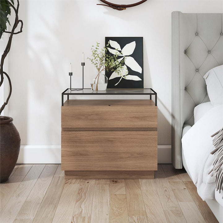 Devon Nightstand with Drawers, LED Lights and Glass Top - Danish Walnut