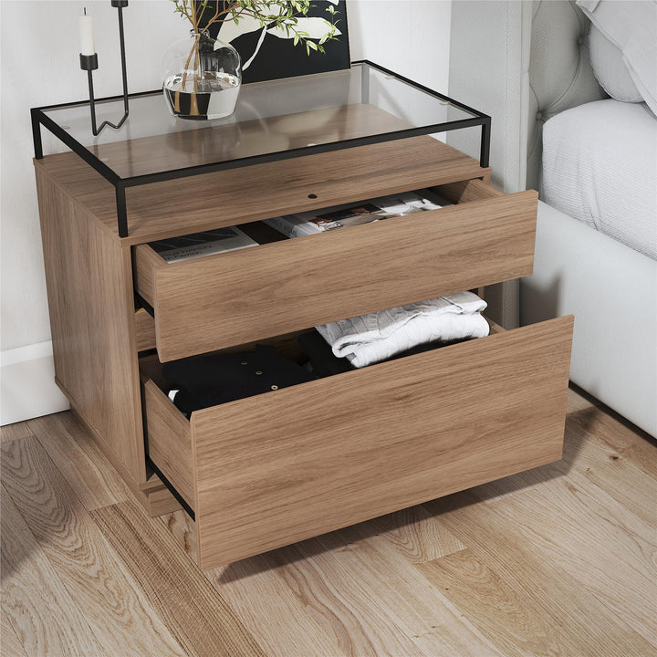 Devon Nightstand with Drawers, LED Lights and Glass Top - Danish Walnut