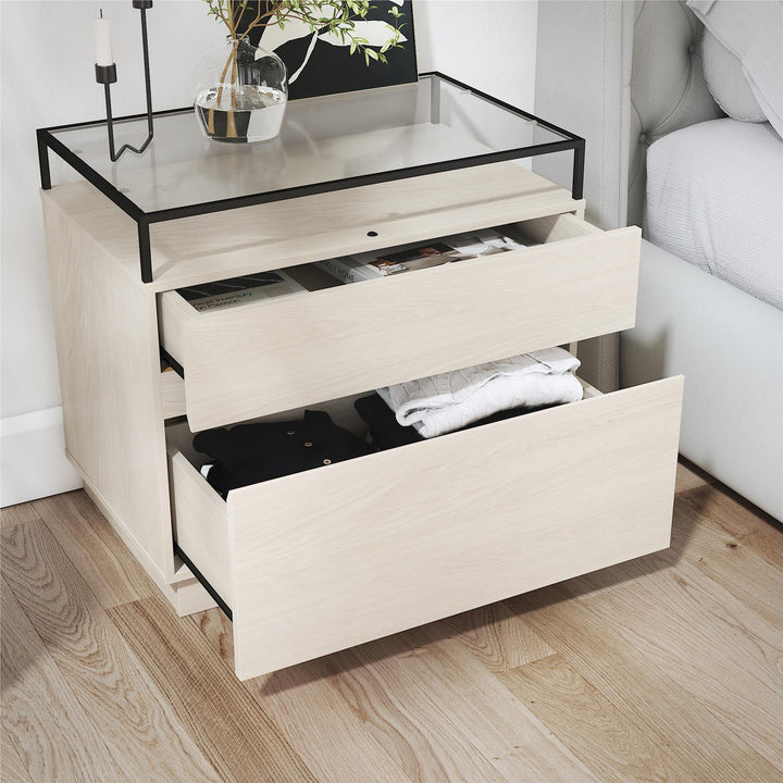 Devon Nightstand with Drawers, LED Lights and Glass Top - Eden Ash
