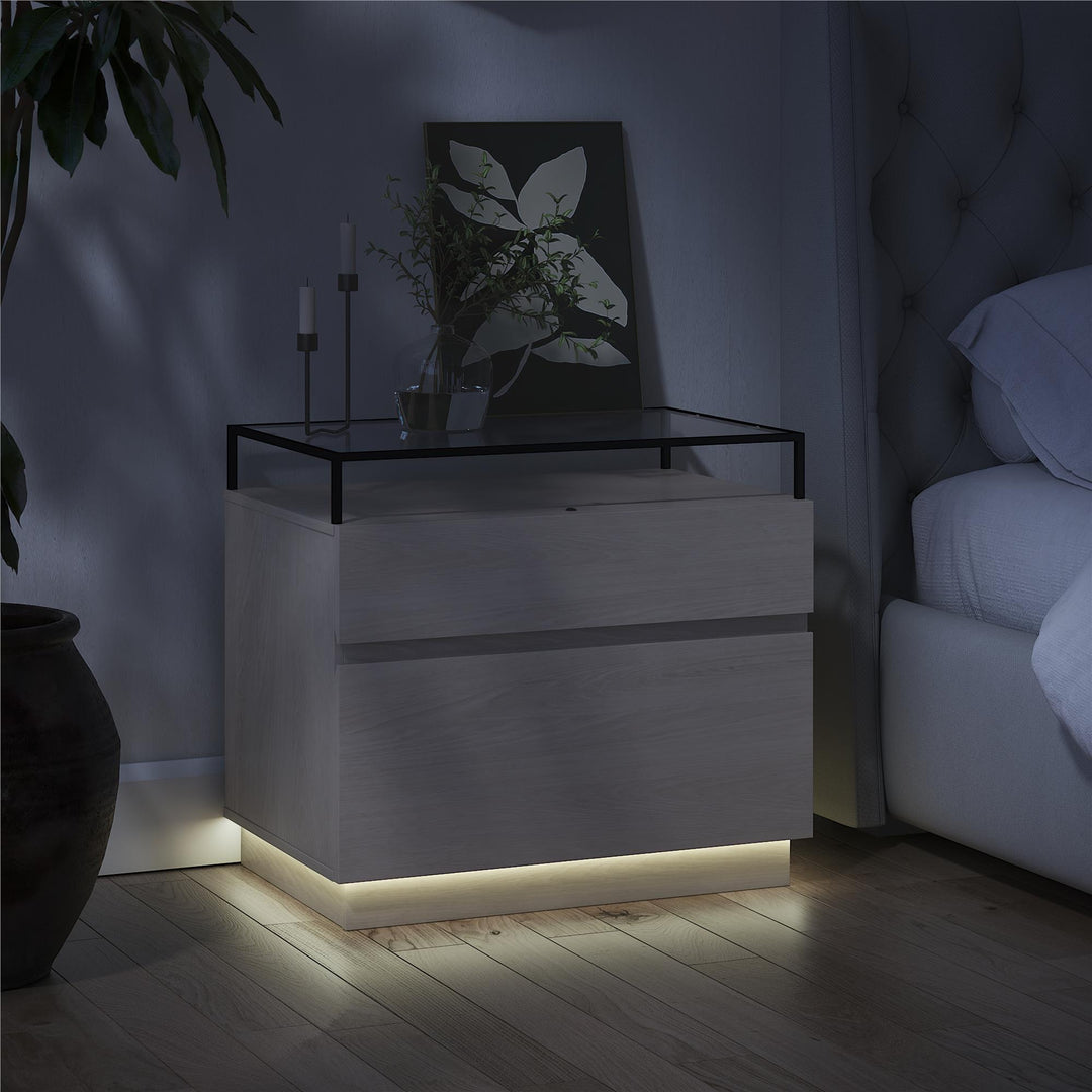 Devon Nightstand with Drawers, LED Lights and Glass Top - Eden Ash