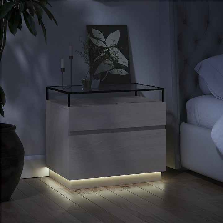 Devon Nightstand with Drawers, LED Lights and Glass Top - Eden Ash