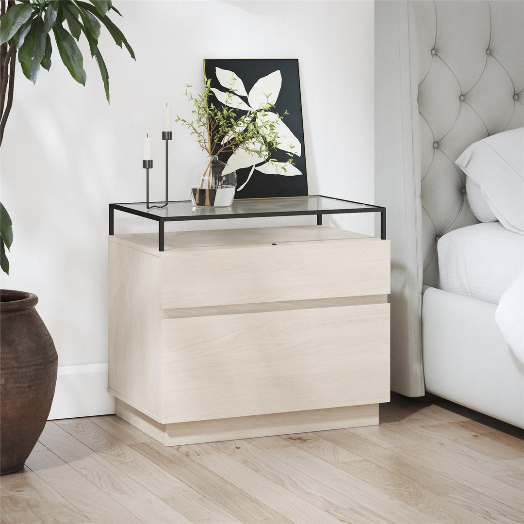 Devon Nightstand with Drawers, LED Lights and Glass Top - Eden Ash