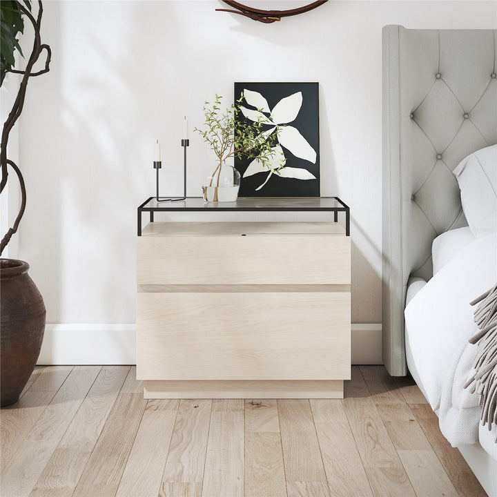 Devon Nightstand with Drawers, LED Lights and Glass Top - Eden Ash