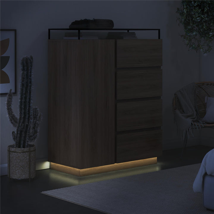 Devon 4-Drawer Dresser with Door, LED Lights and Glass Top - Danish Walnut