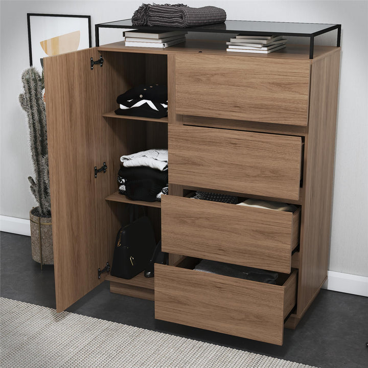 Devon 4-Drawer Dresser with Door, LED Lights and Glass Top - Danish Walnut