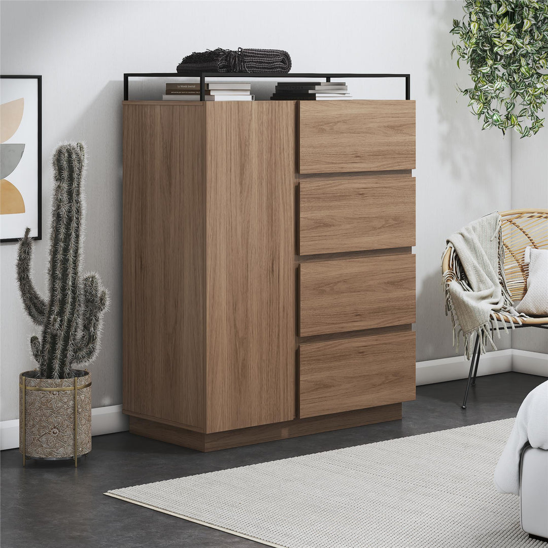 Devon 4-Drawer Dresser with Door, LED Lights and Glass Top - Danish Walnut