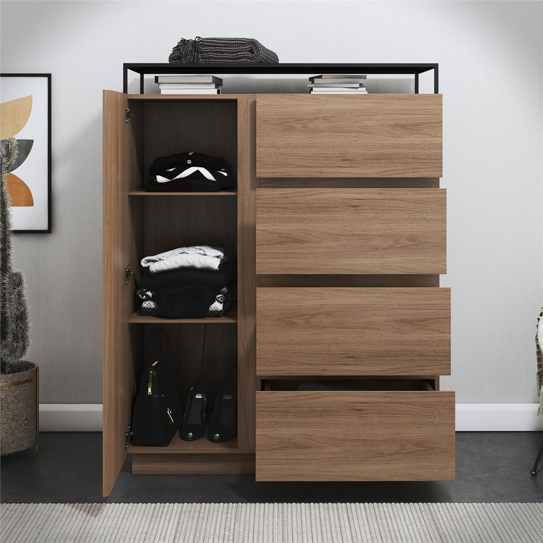 Devon 4-Drawer Dresser with Door, LED Lights and Glass Top - Danish Walnut