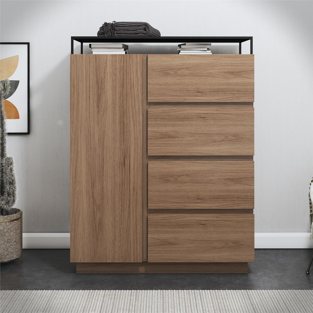 Devon 4-Drawer Dresser with Door, LED Lights and Glass Top - Danish Walnut