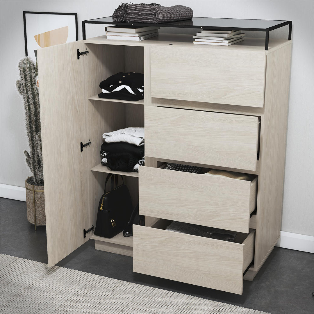 Devon 4-Drawer Dresser with Door, LED Lights and Glass Top - Eden Ash