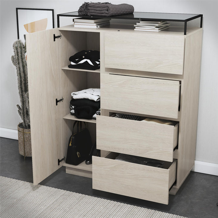 Devon 4-Drawer Dresser with Door, LED Lights and Glass Top - Eden Ash